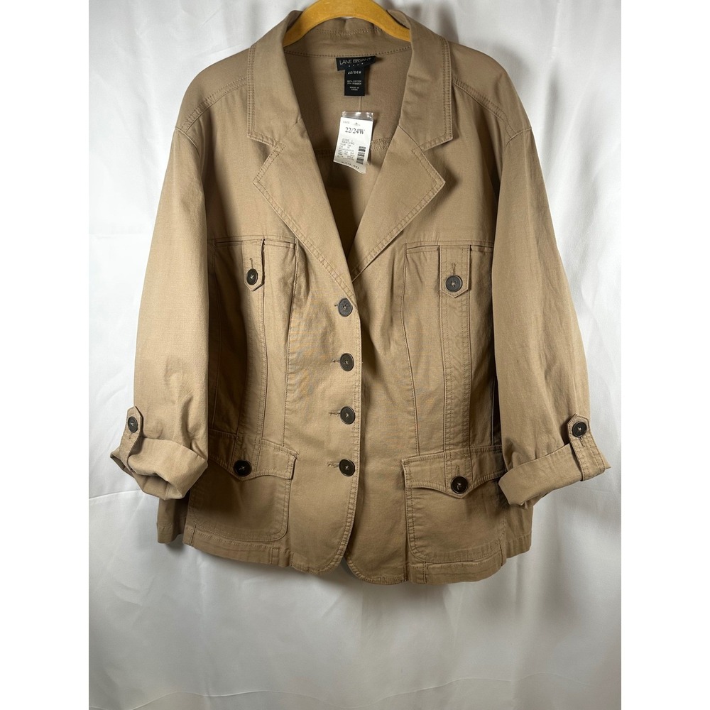 Lane Bryant Tan Utility Jacket Women 22/24W Cotton Blend Button Up Safari Blazer